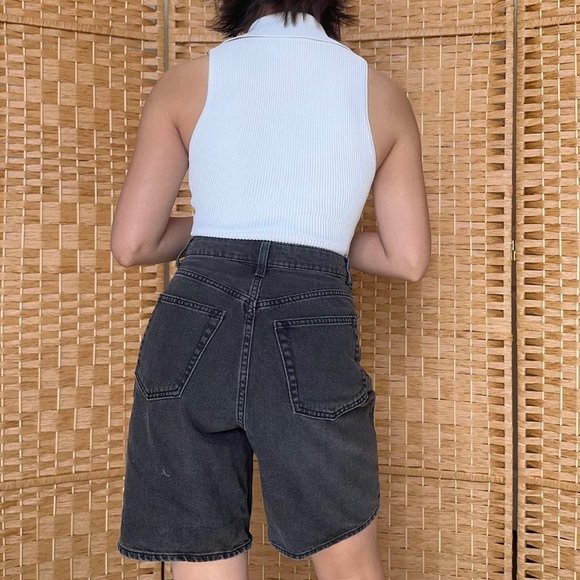 Dark Wash, High-Waisted, Mom-Fit Midi/Bermuda Denim Shorts - Picture 2 of 3